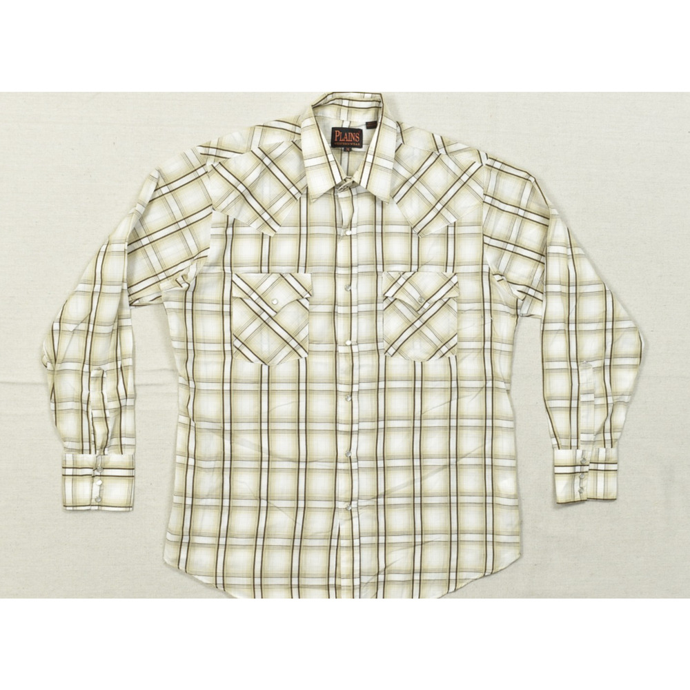 Plains Western Wear Shirt Mens Medium Pearl Snap Long Sleeve Plaid Tan White